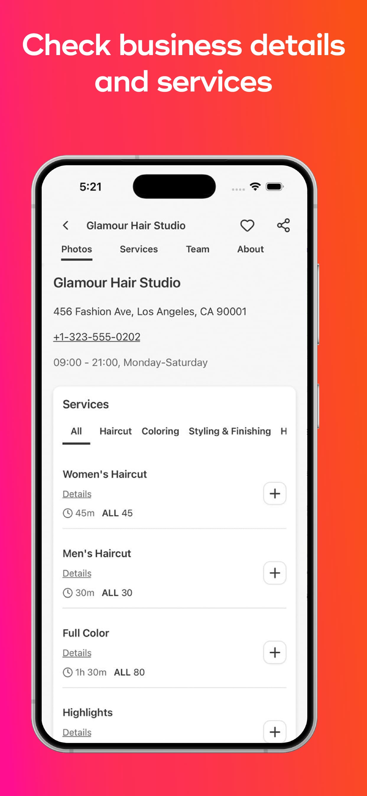 GlamUP client app: business details and service list