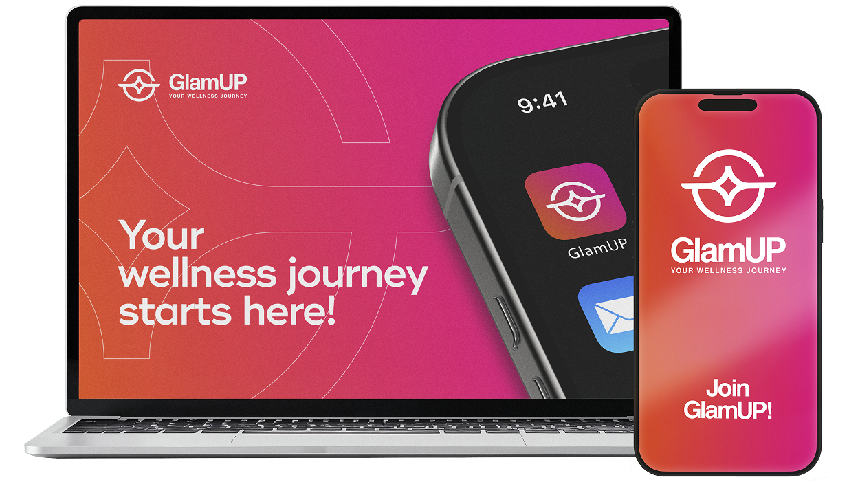 The GlamUP business dashboard on a laptop and the GlamUP app on a phone, showing the appointment calendar