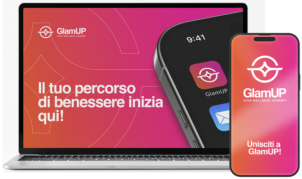 The GlamUP business dashboard on a laptop and the GlamUP app on a phone, showing the appointment calendar
