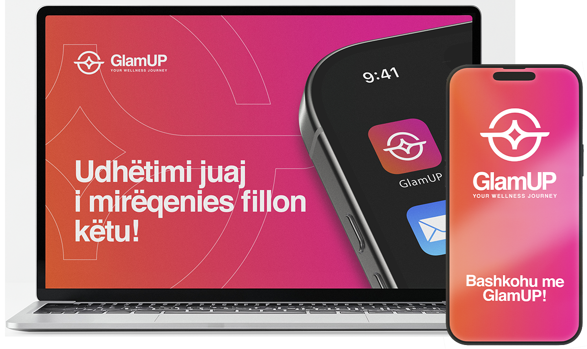 The GlamUP business dashboard on a laptop and the GlamUP app on a phone, showing the appointment calendar